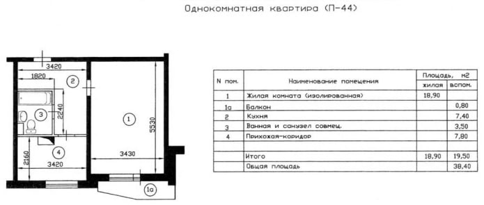 Планировка 1-к серия П-44 Планировка 1-к серия П-44